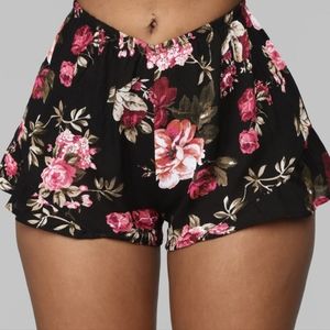 Black and Pink Floral Ruffle Hem Booty Shorts Elastic Waist